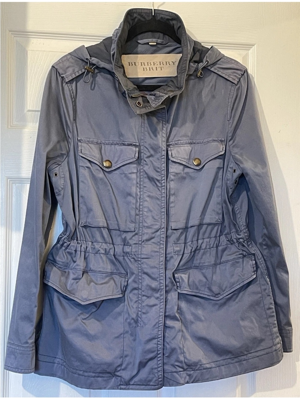 Burberry Brit Blue Hooded Parka Jacket Zip/Button Pockets US 8/ Medium